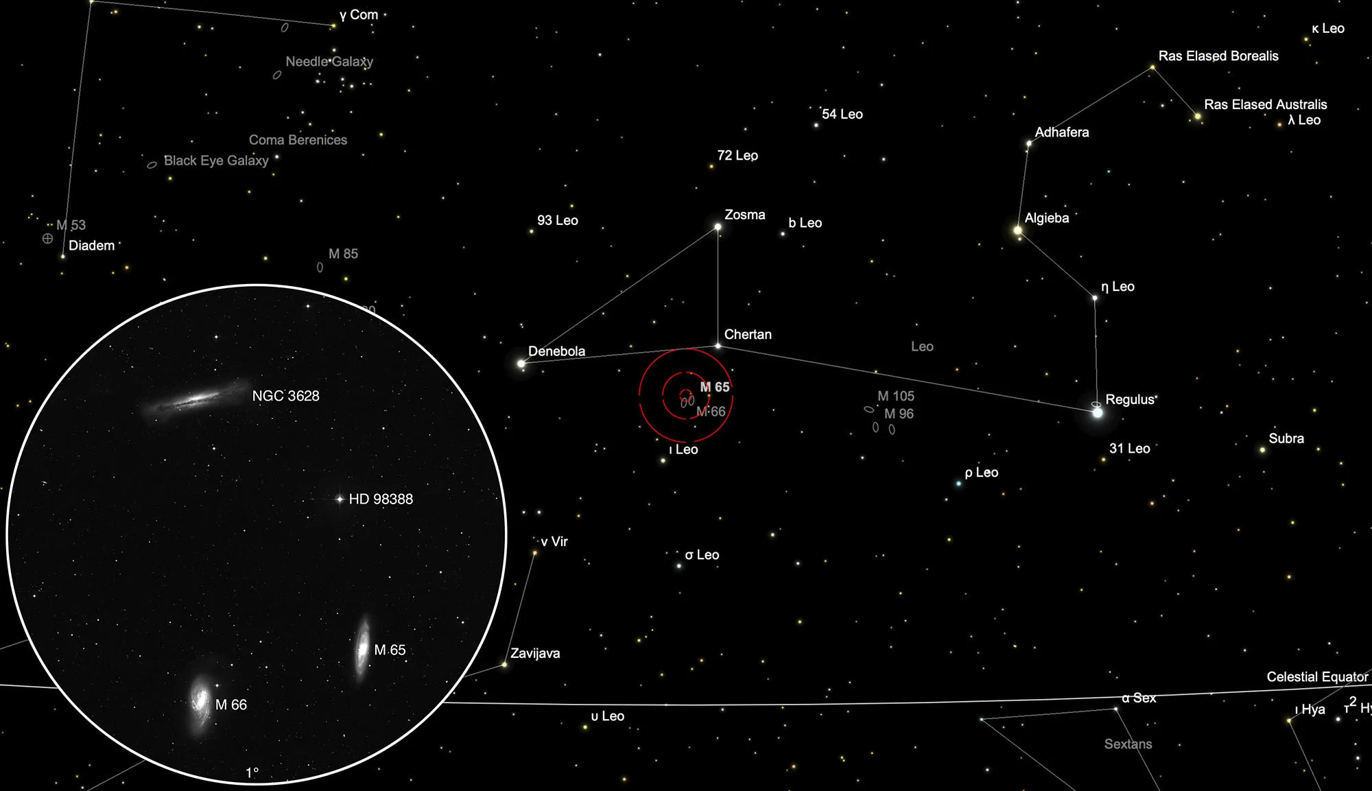 Karte M 55, M 66, NGC 3628