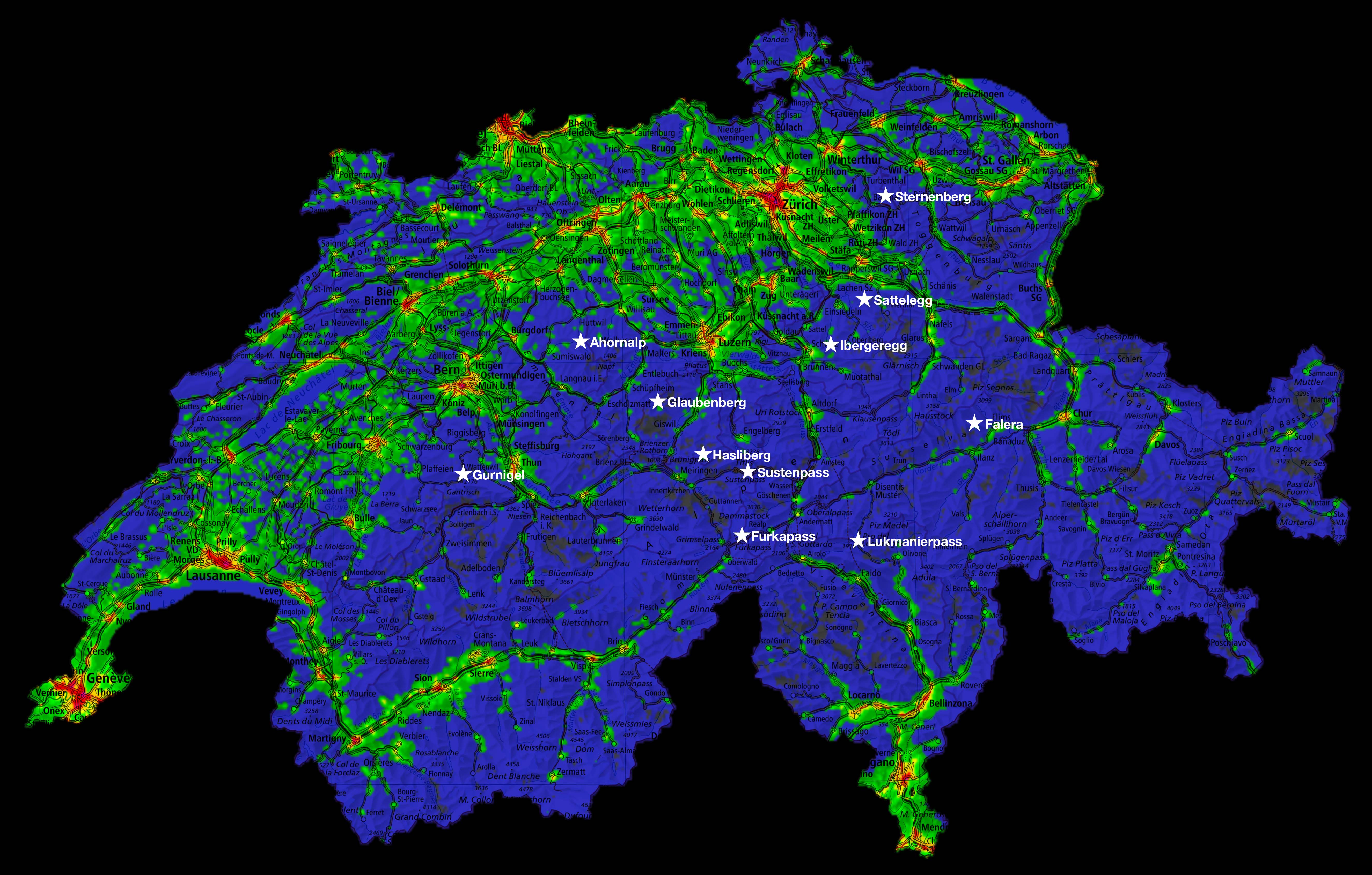 Light pollution map of Switzerland 2020
