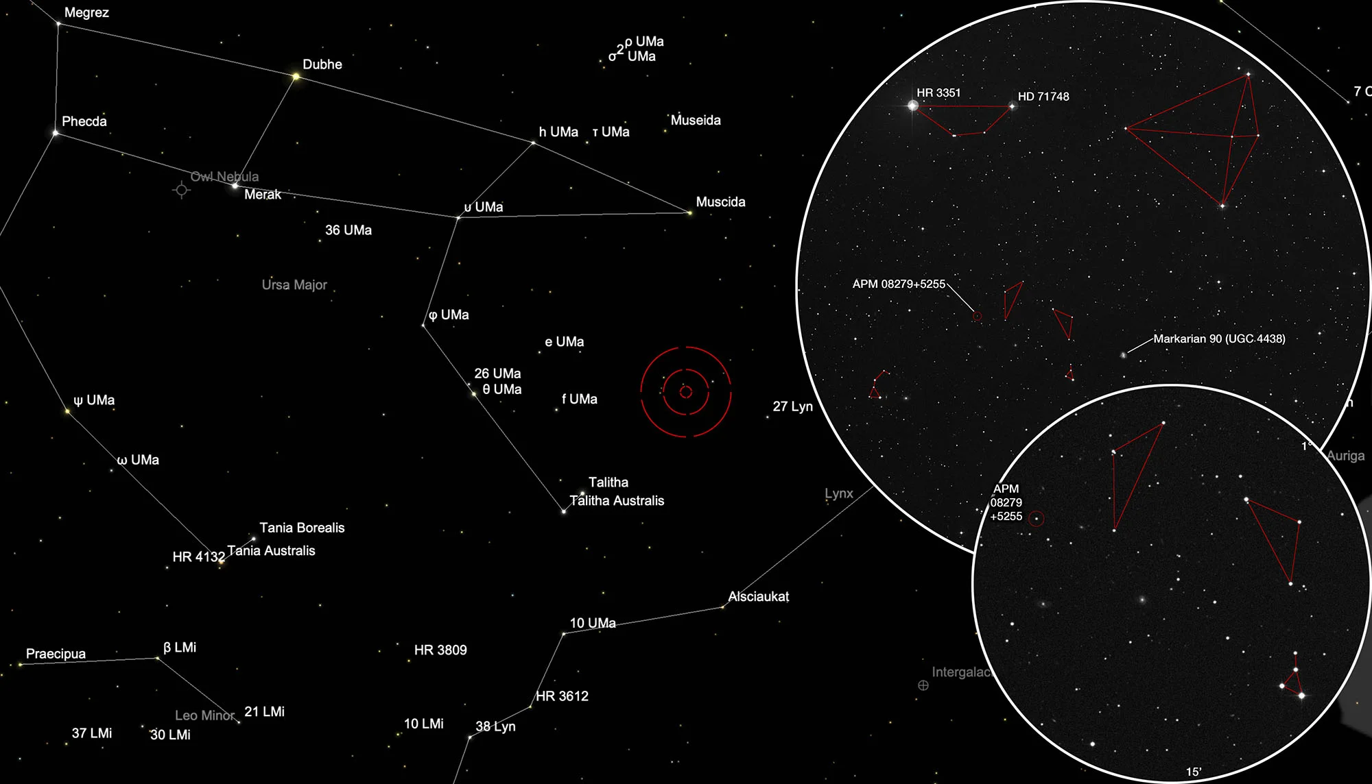 Karte Quasar APM 08279+5255 + Galaxie Markarian 90