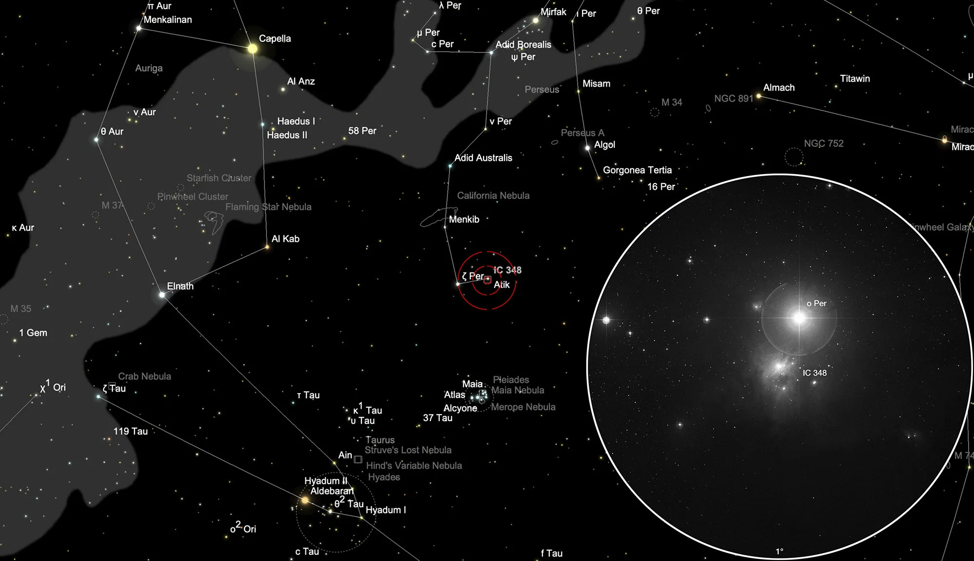 Auffindkarte IC 348: Sternhaufen mit Nebel