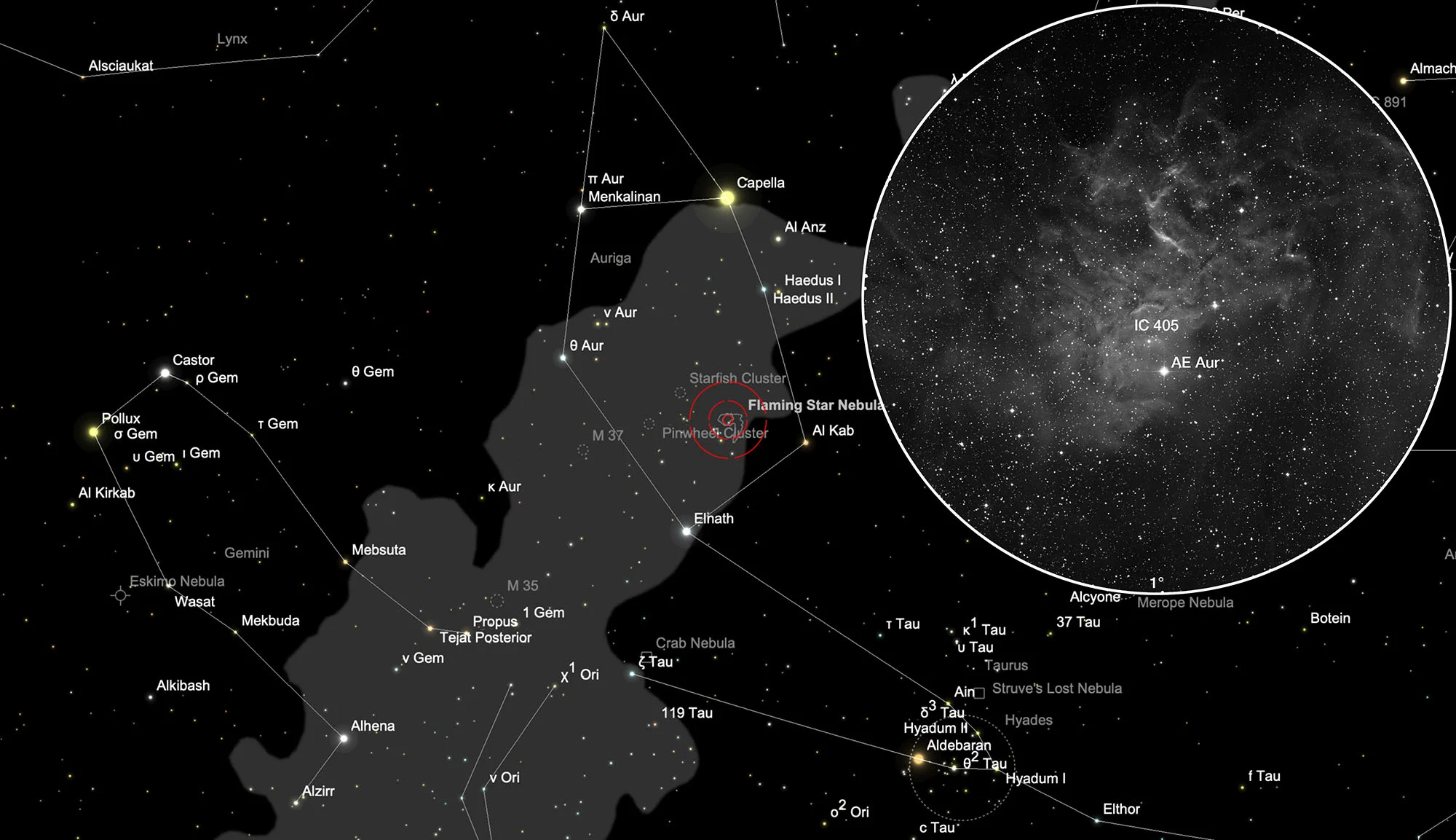 Chart Flaming Star Nebula (IC 405)