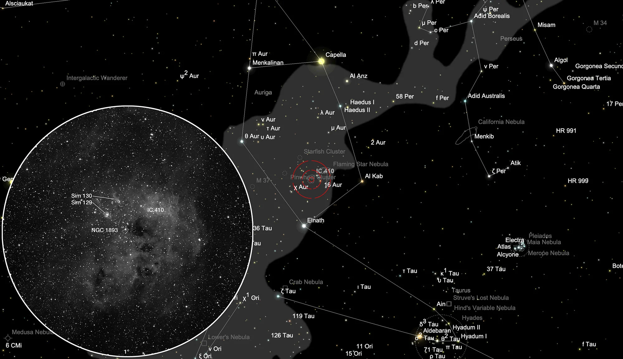 Auffindkarte Sternhaufen NGC 1893 mit Nebel IC 410