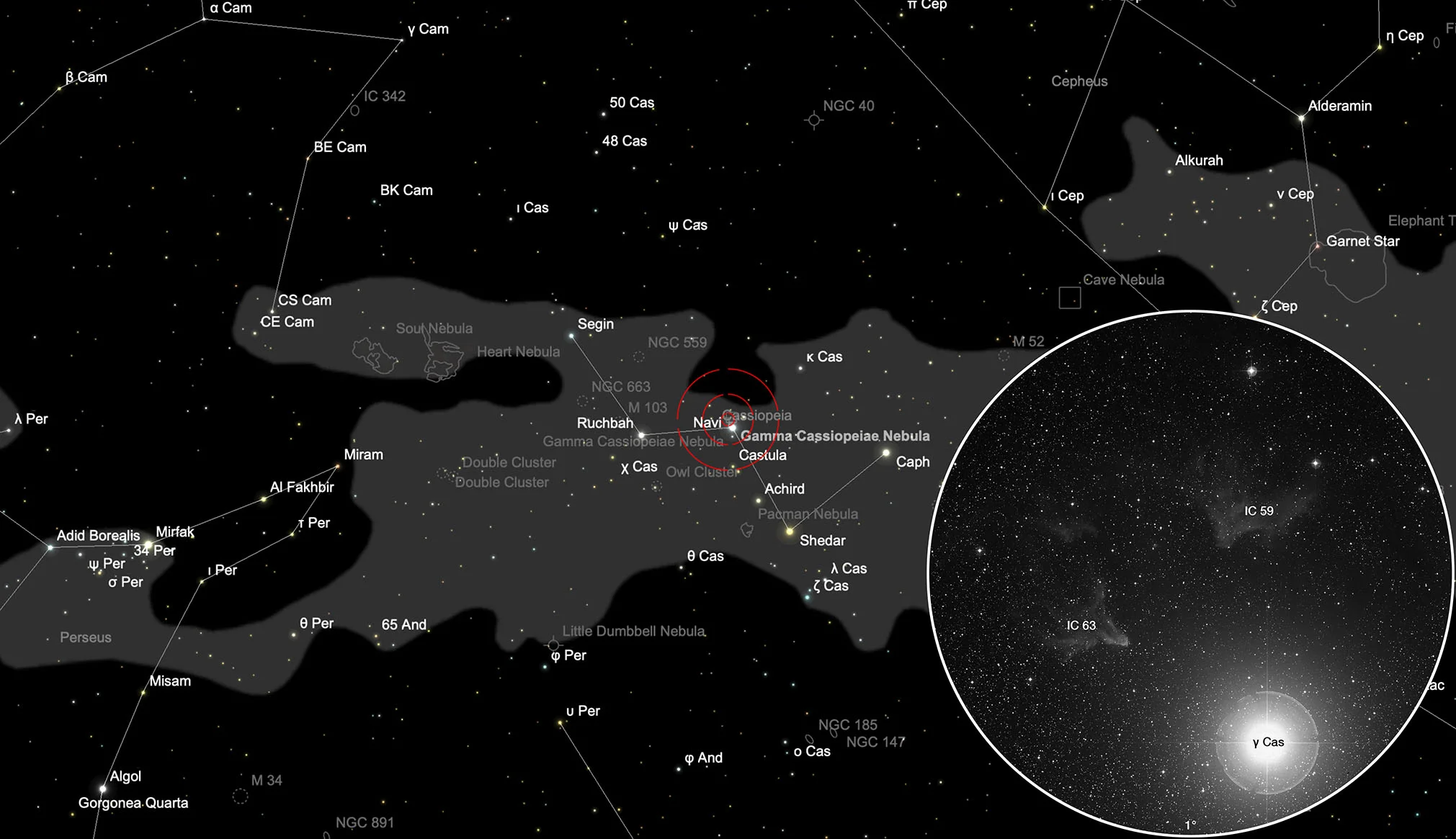 Finder Chart Gamma Cassiopeia Nebula (IC 59/63)
