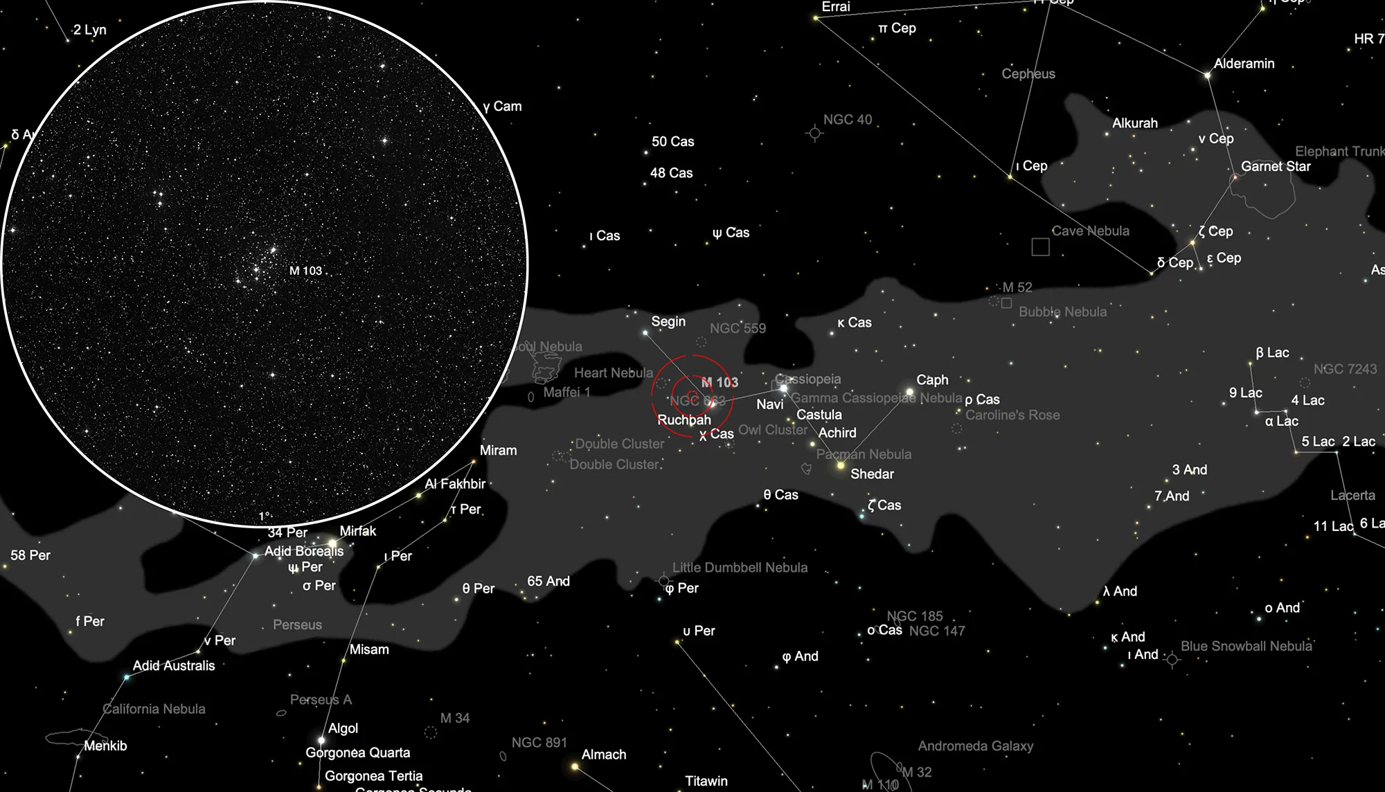 Auffindkarte Offener Sternhaufen Messier 103