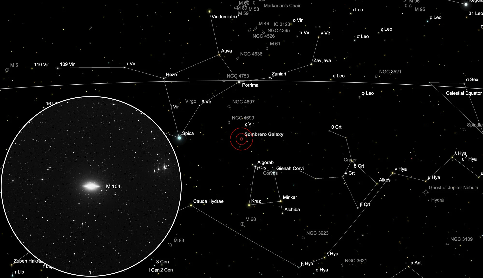 Auffindkarte Sombrero-Galaxie (Messier 104)