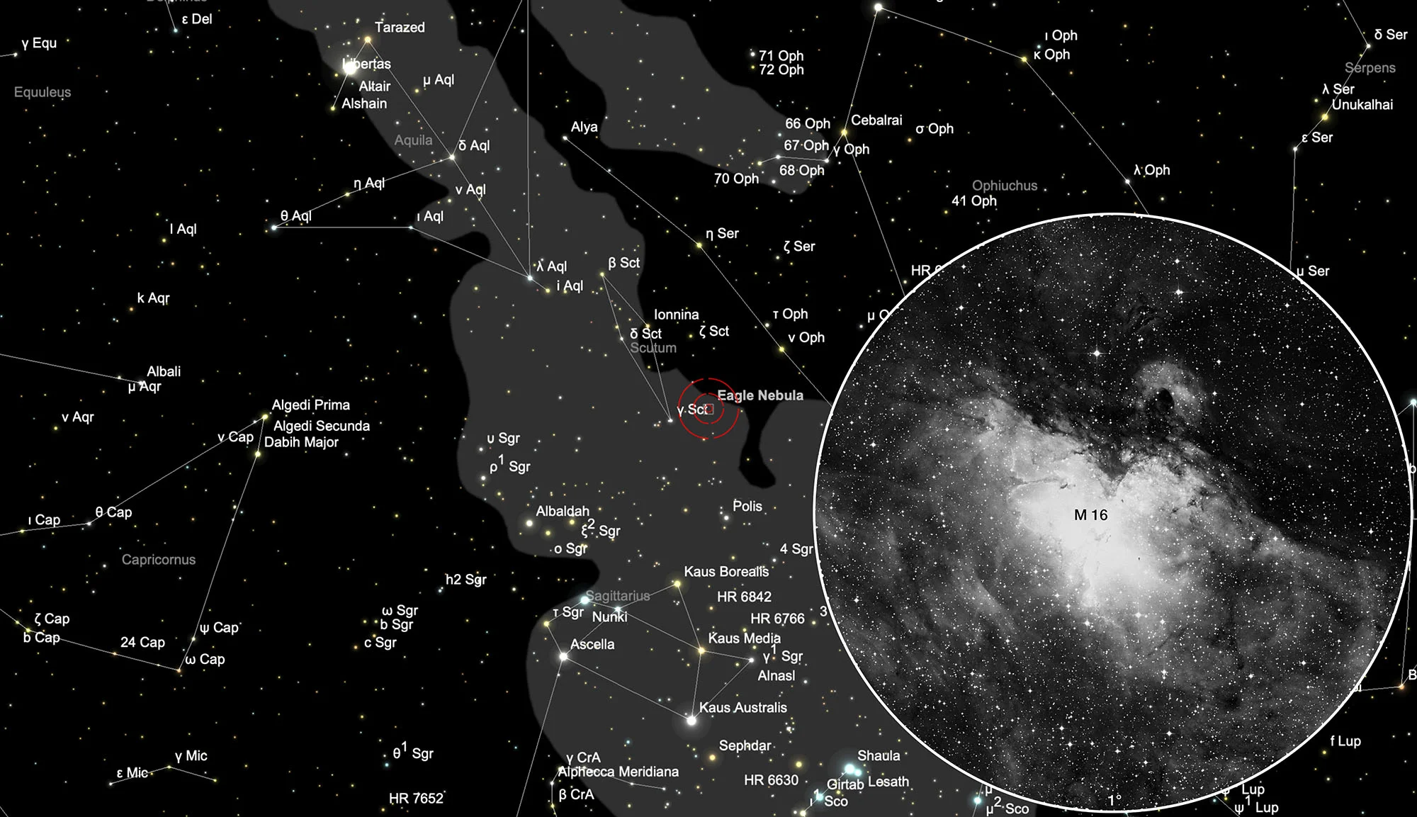 Auffindkarte Sternhaufen M 16 mit Adlernebel IC 4703