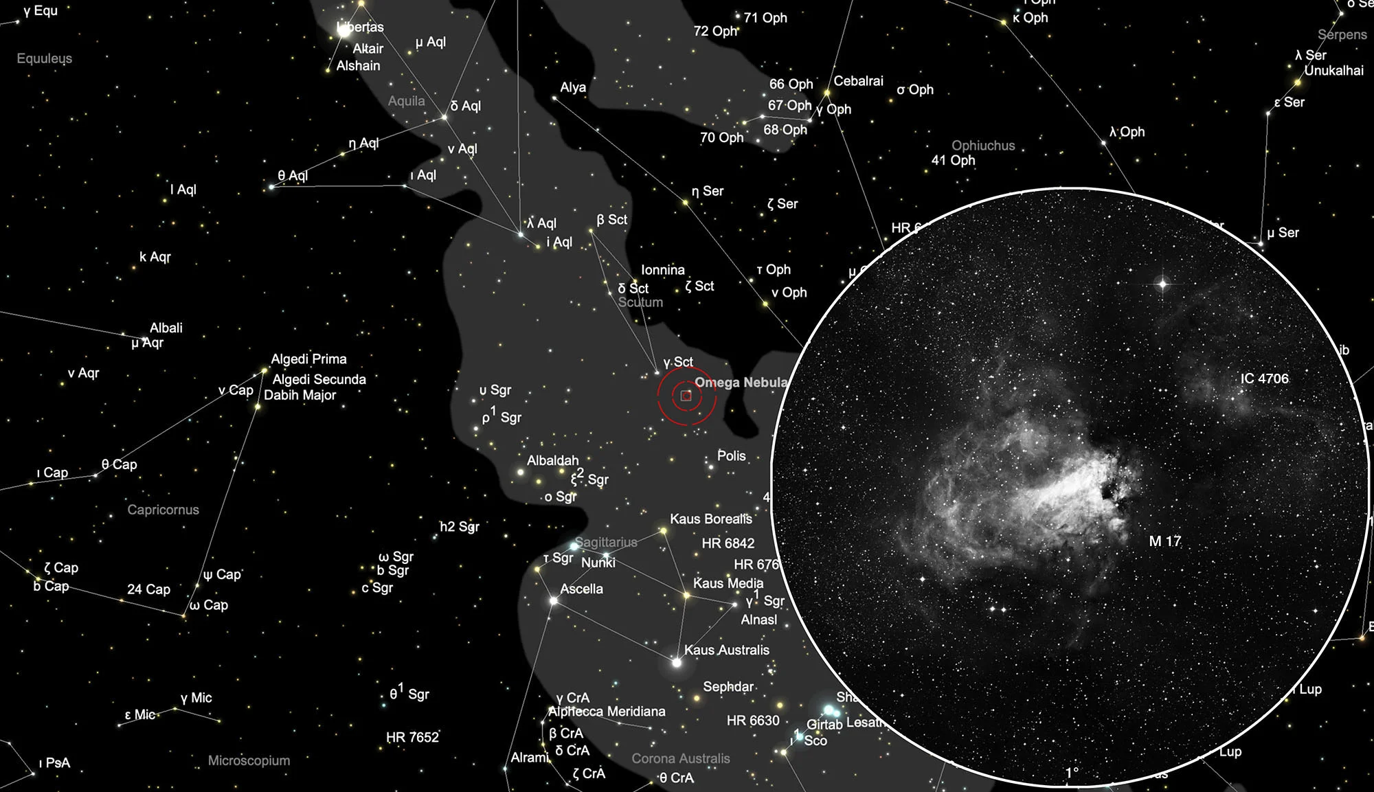 Karte Omeganebel, Schwanennebel, Hufeisennebel (Messier 17)