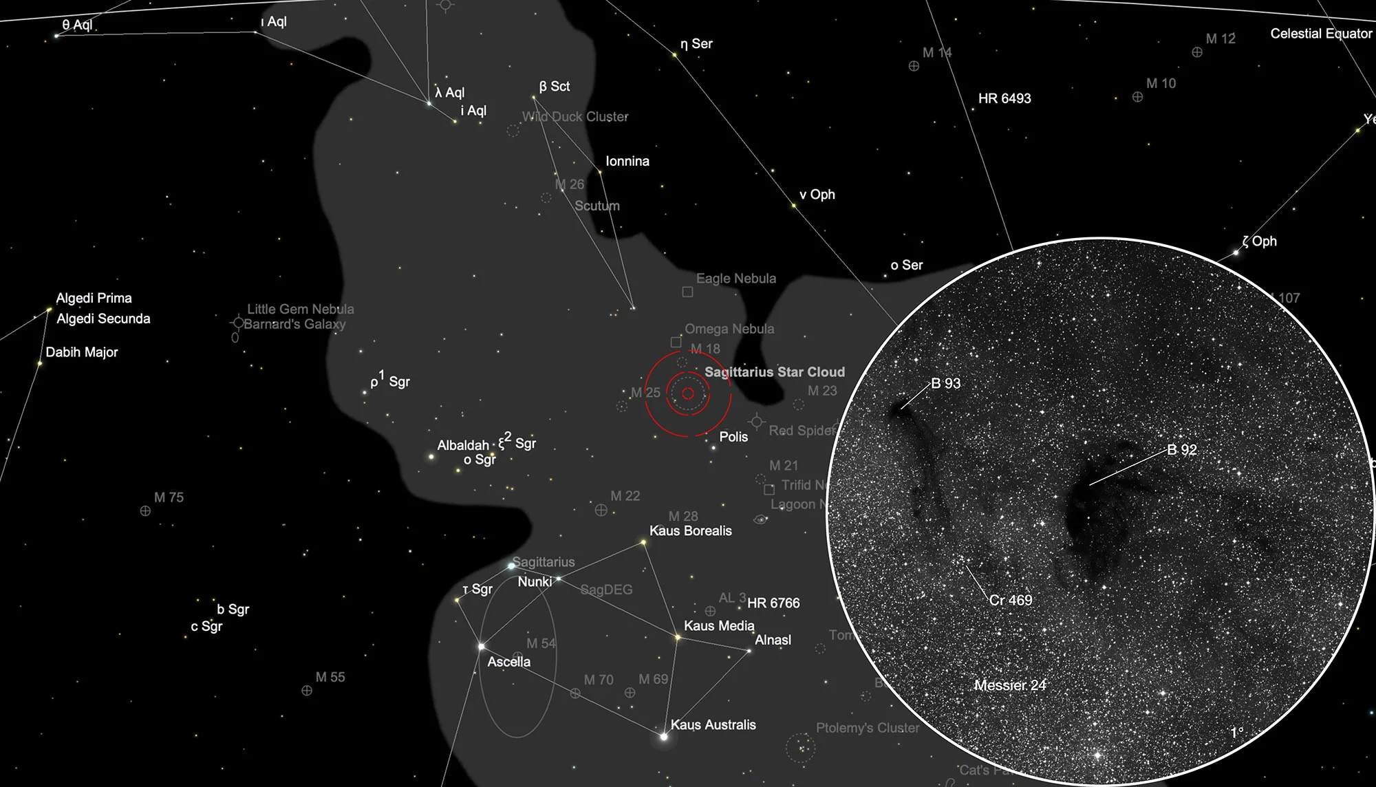 Finder Chart Small Sagittarius Star Cloud (Messier 24)