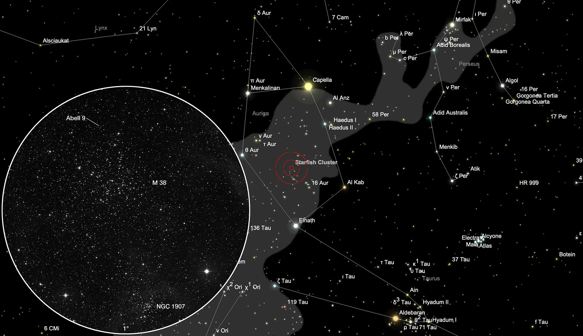 Chart M 38, NGC 1907 & Abell 9