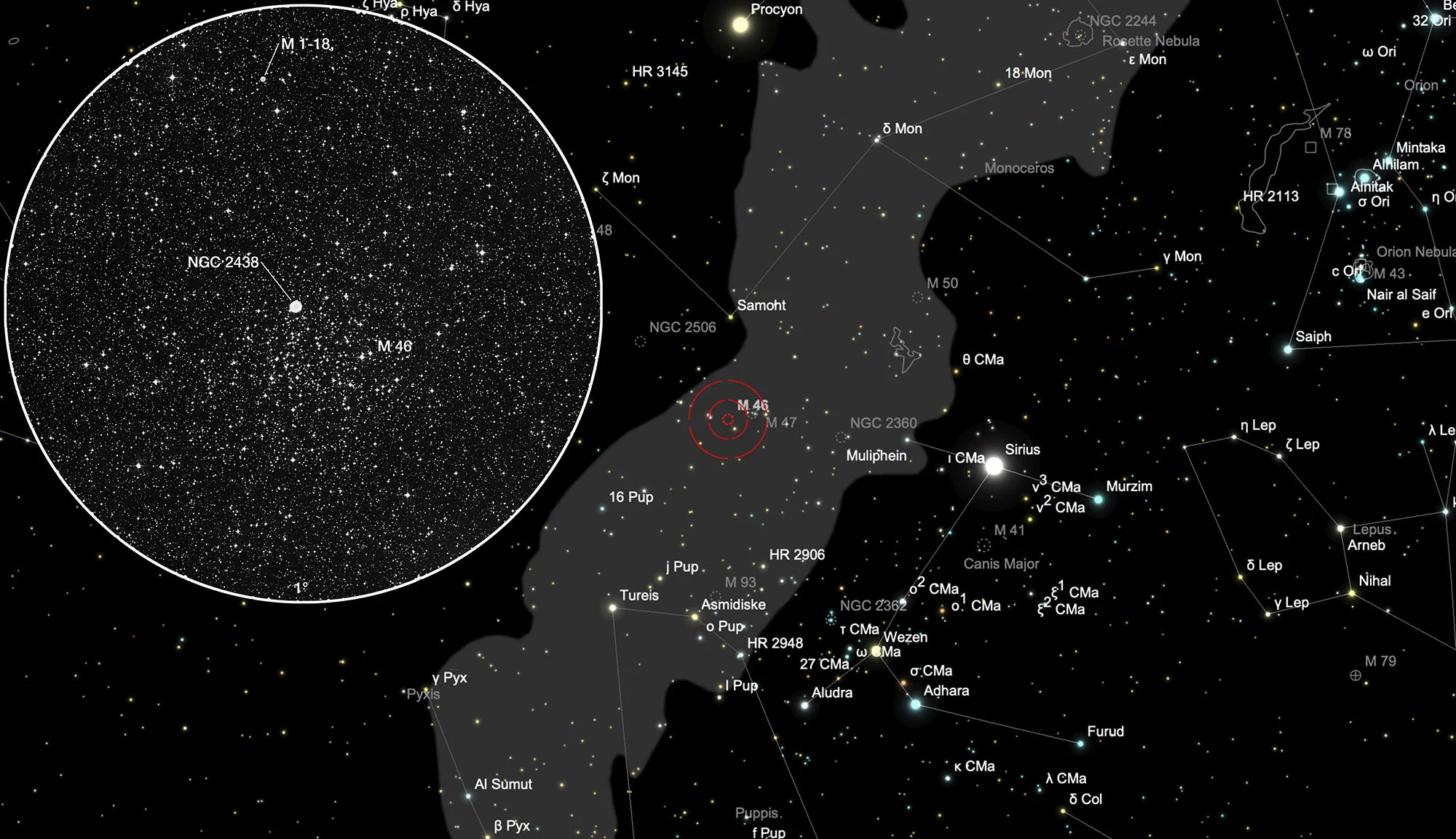 Karte Sternhaufen M 46 mit planetarischem Nebel NGC 2438
