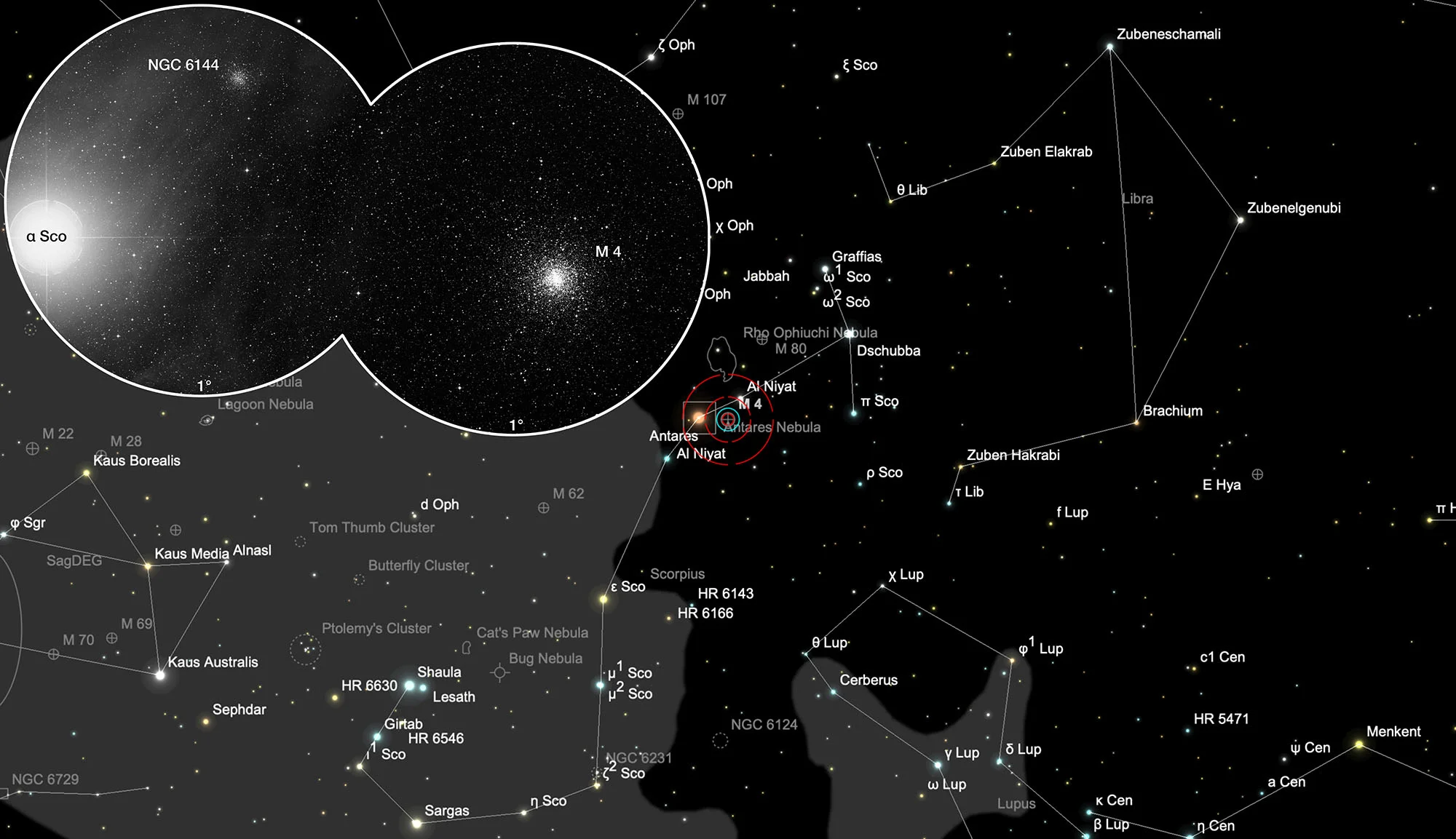 Karte Kugelsternhaufen Messier 4 & NGC 6144