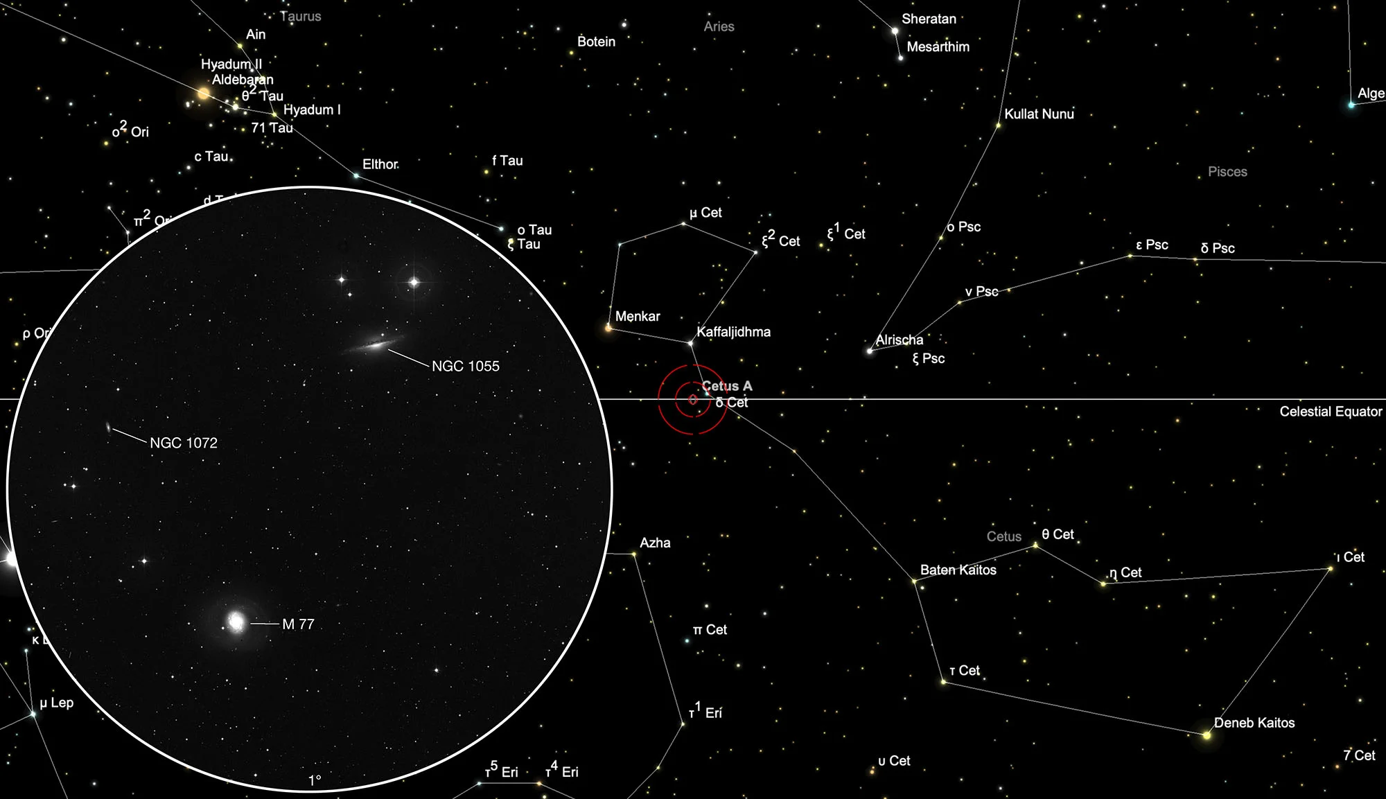 Karte Messier 77 (Cetus A)  & NGC 1055