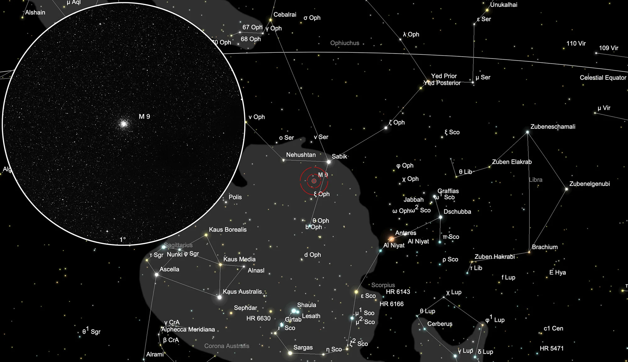 Karte Kugelsternhaufen Messier 9