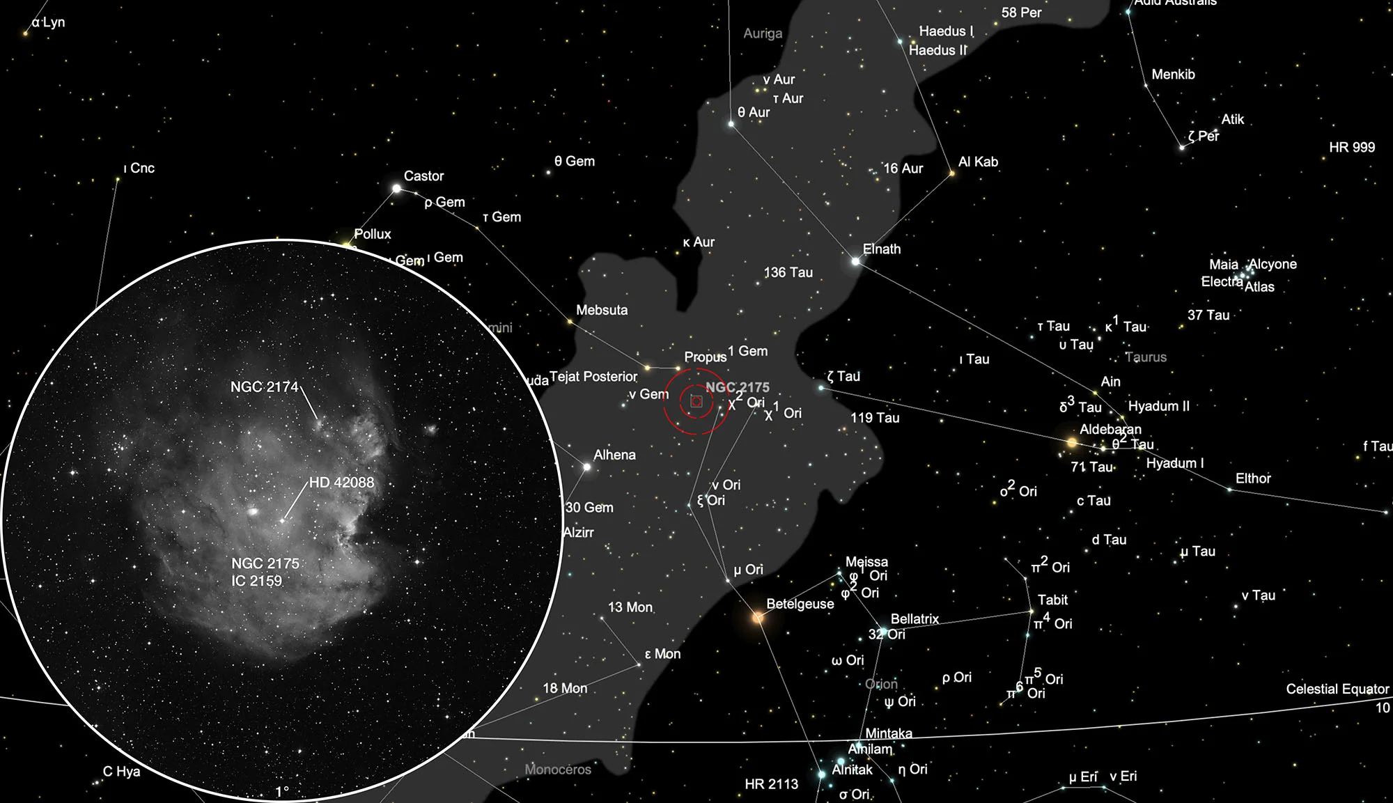 Finder Chart Monkey Head Nebula (NGC 2175)