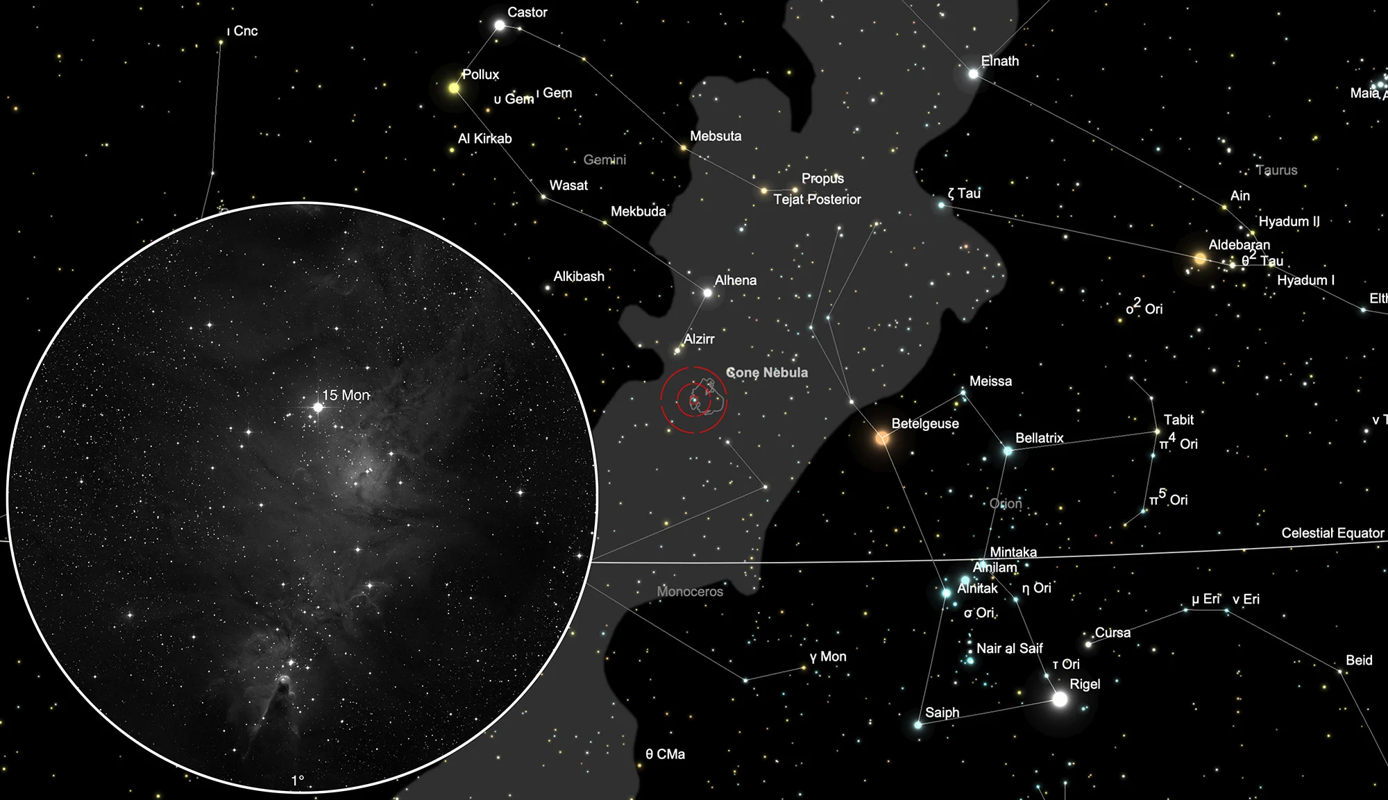Karte NGC 2264: Konusnebel im Weihnachtsbaum