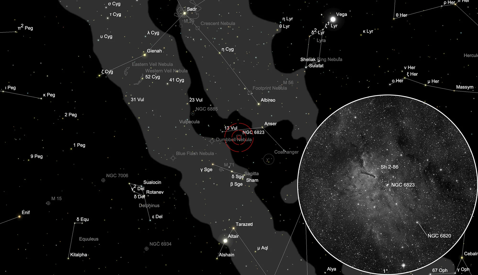 Finder Chart Cluster NGC 6823 with Emission Nebula Sh 2-86