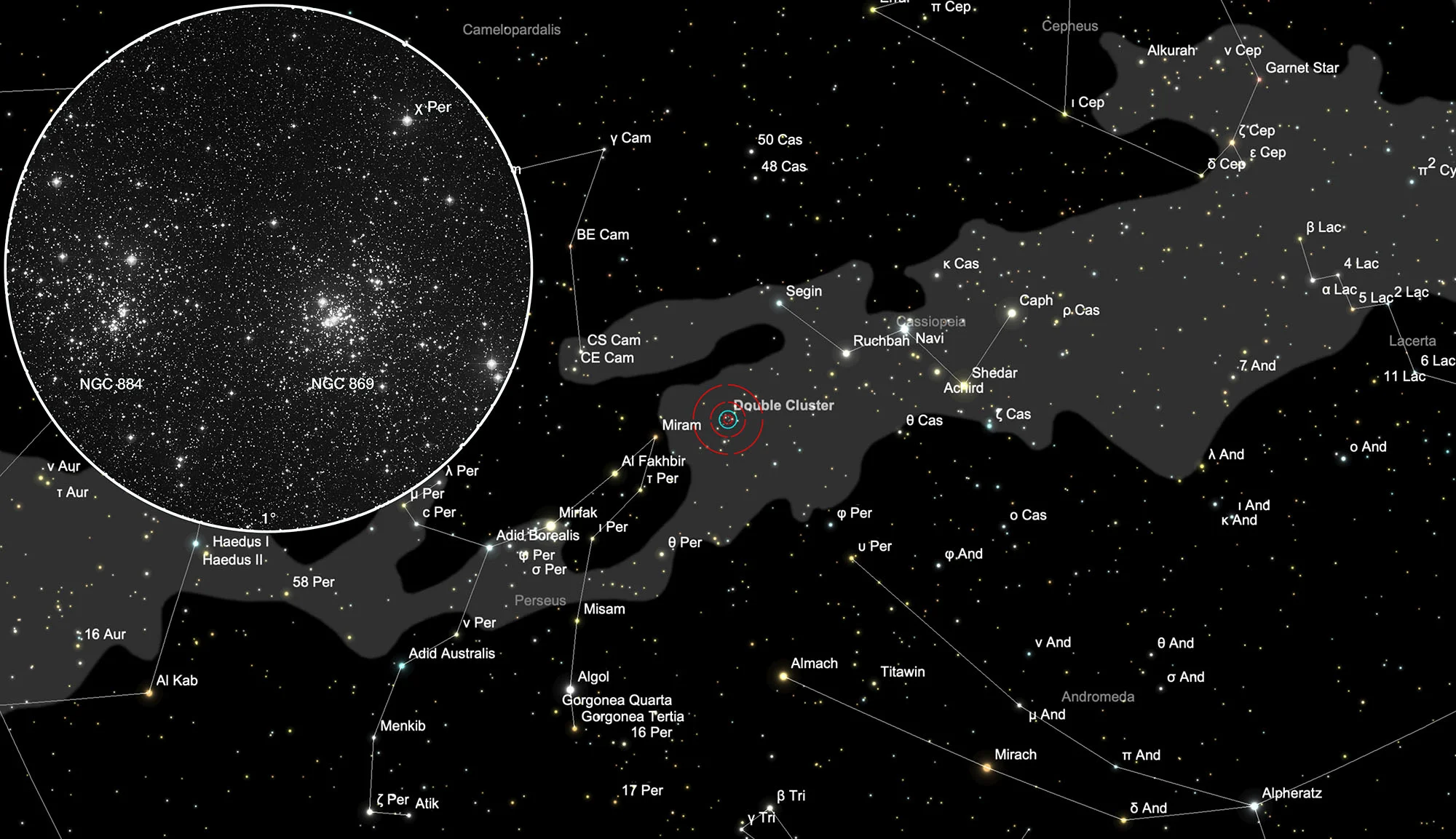 Chart h+χ Persei, Double Cluster (NGC 869/884)
