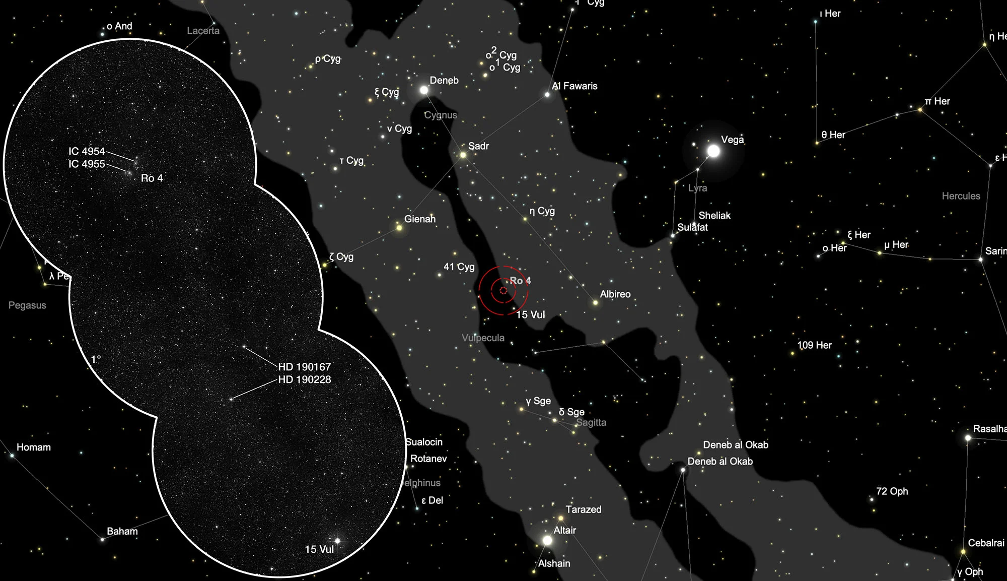 Chart Cluster Roslund 4 + Nebula IC 4954/5