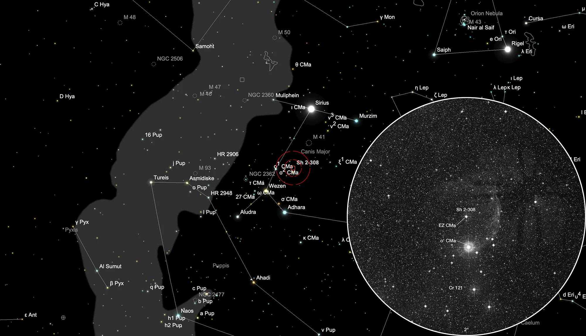Finder Chart Dolphin Head Nebula Sh 2-308 + Collinder 121