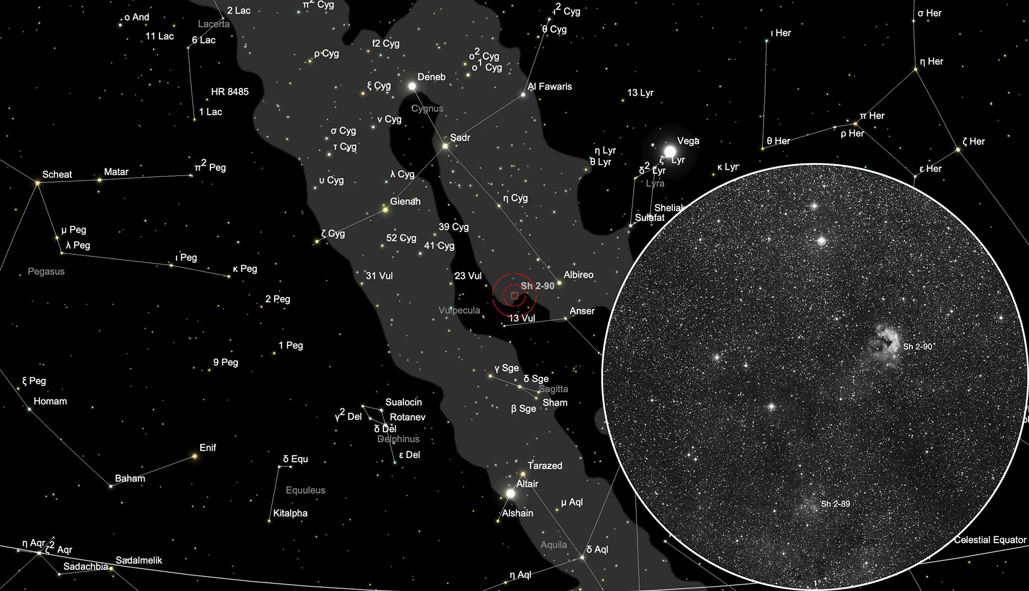Chart Galactic Nebulae Sh 2-89 and Sh 2-90