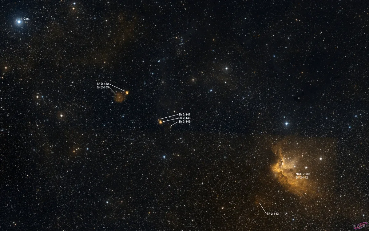 H II regions in Cassiopeia Sh 2-142, Sh 2-143, Sh 2-147, Sh 2-148, Sh 2-149, Sh 2-152, Sh 2-153